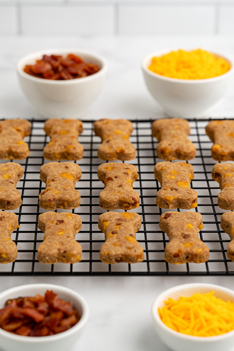 Bacon Cheddar Biscuits with Duvall Farms Bacon. Handmade organic dog treats from The Chosen Spot K9 Kitchen on a cooling rack with bowls of bacon and shredded cheddar cheese.