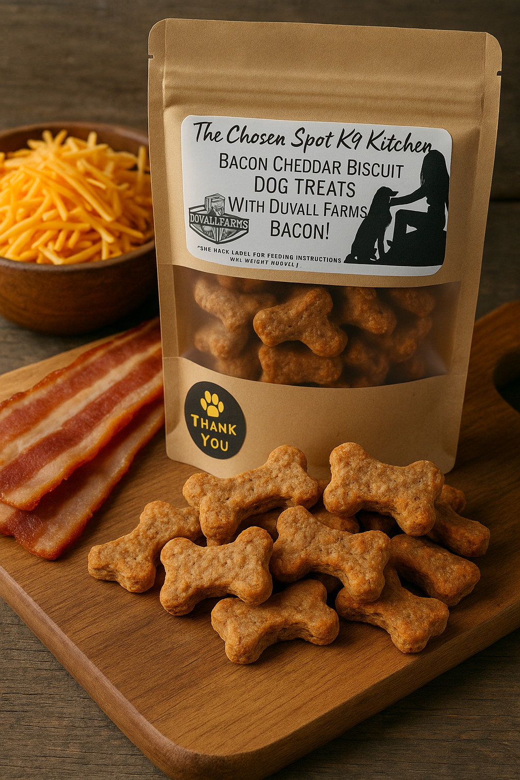 Bag of Bacon Cheddar Biscuit handmade organic dog treats from The Chosen Spot K9 Kitchenwith a bowl of cheese and slices of bacon on a wooden board.