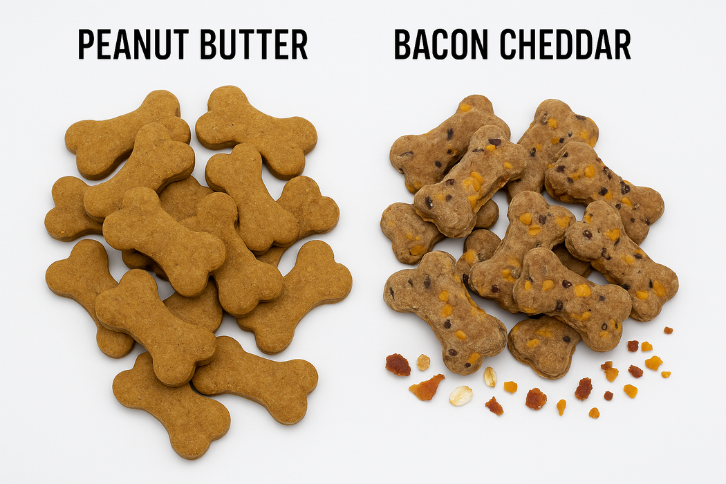 Two piles of handmade organic dog treats from 'The Chosen Spot K9 Kitchen - Bacon Cheddar Biscuits With Duvall Farms Bacon and Peanut Butter Bones on a white background.