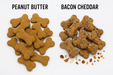 Two piles of handmade organic dog treats from 'The Chosen Spot K9 Kitchen - Bacon Cheddar Biscuits With Duvall Farms Bacon and Peanut Butter Bones on a white background.