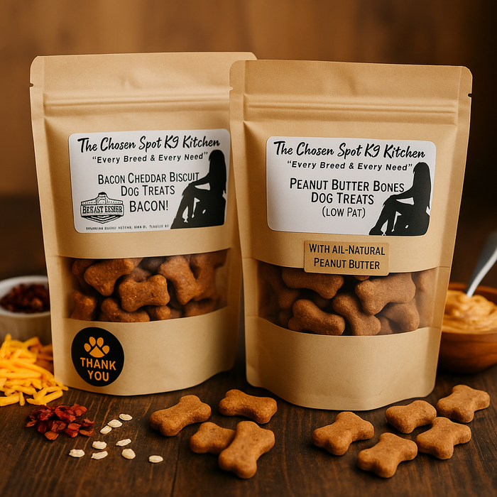 Two packages of handmade organic dog treats from 'The Chosen Spot K9 Kitchen - Bacon Cheddar Biscuits With Duvall Farms Bacon and Peanut Butter Bones in kraft bags with piles of treats in front on a nuetral brown background.