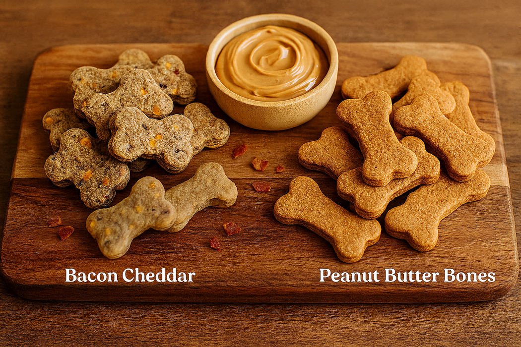 Two piles of handmade organic dog treats from 'The Chosen Spot K9 Kitchen - Bacon Cheddar Biscuits With Duvall Farms Bacon and Peanut Butter Bones on a wooden cutting board.