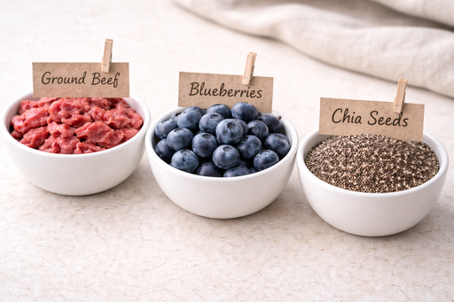 A white bowl of blueberries, a white bowl of chia seeds and a white bowl of 90% lean ground beef al with labels on a neutral background. Ingredients that make Beef + Blueberry Bites, handmade organic dog treats from The Chosen Spot K9 Kitchen in Canandaigua, NY.