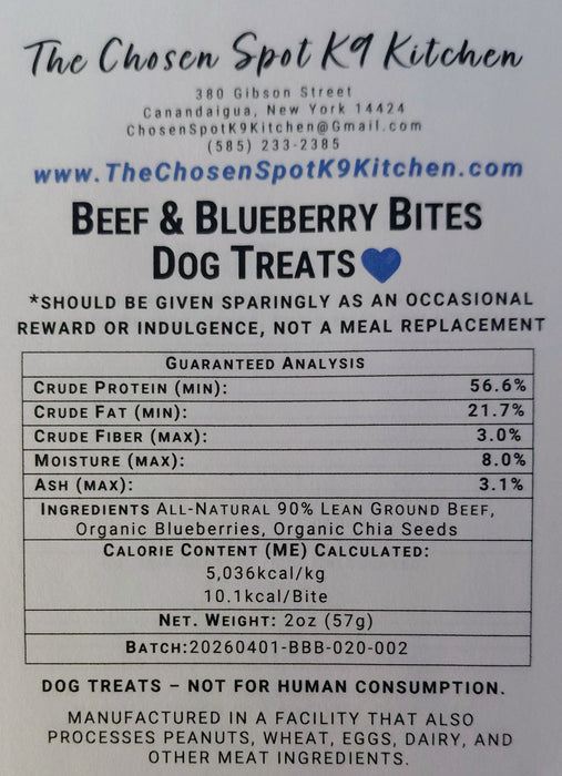 Dog treat Gruaranteed Analysis abel for 'Beef & Blueberry Bites' from The Chosen Spot K9 Kitchen with nutritional information and ingredients.