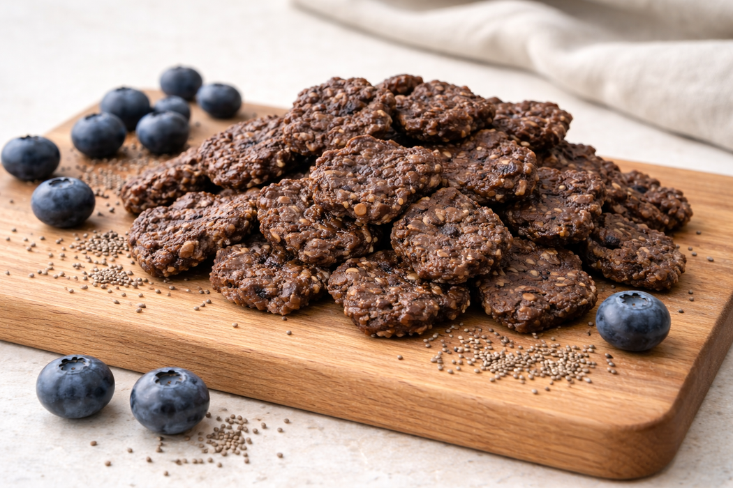 Beef + Blueberry Bites on a wooden cutting board with blueberries and chia seeds nearby. Handmade Orgaanic Dog Treats from The Chosen Spot K9 Kitchen.
