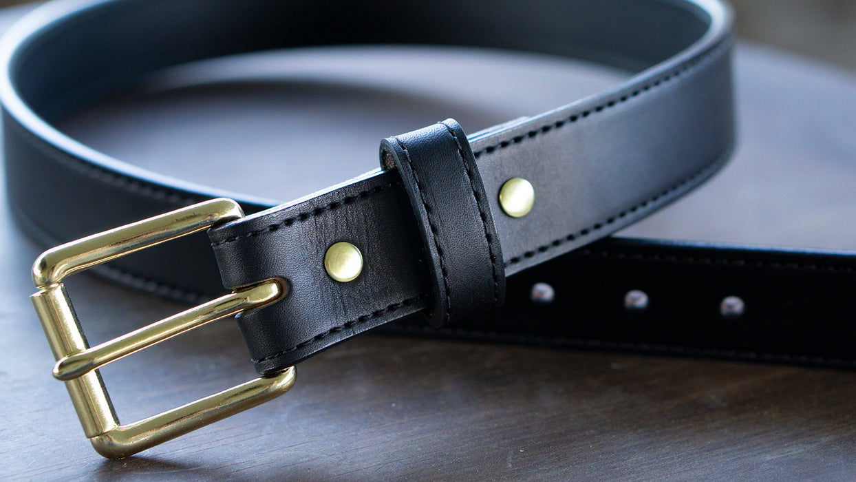 black bridle leather belt with brass buckle