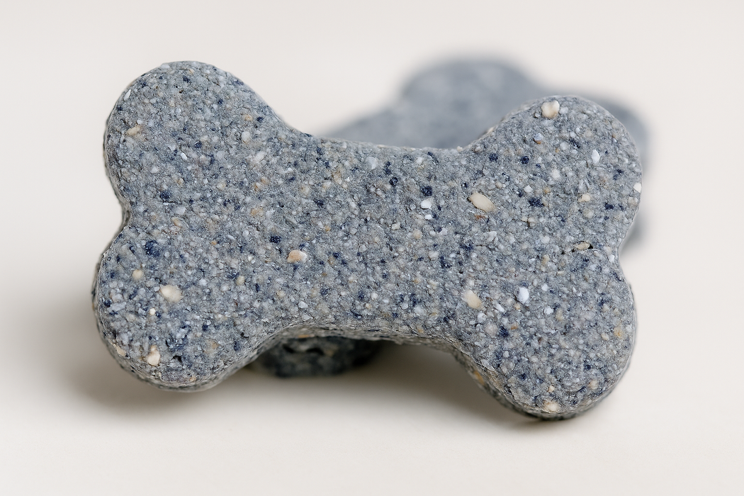 Blueberry + Oat Bones up close, handmade organic dog treats from The Chosen Spot K9 Kitchen with blueberries, oats, and honey on a white background 