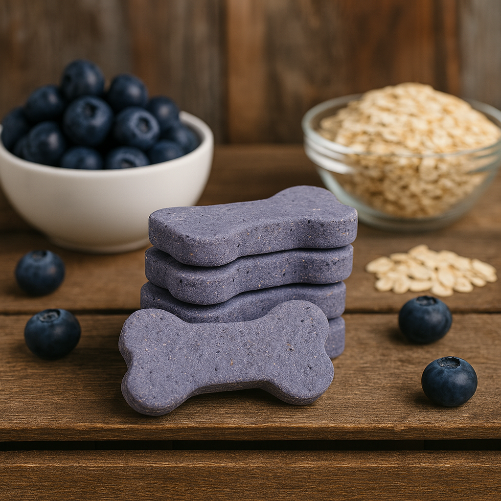 Blueberry + Oat Bones, handmade organic dog treats from The Chosen Spot K9 Kitchen with blueberries, oats, and honey on a wooden table with oats and blueberries nearby.