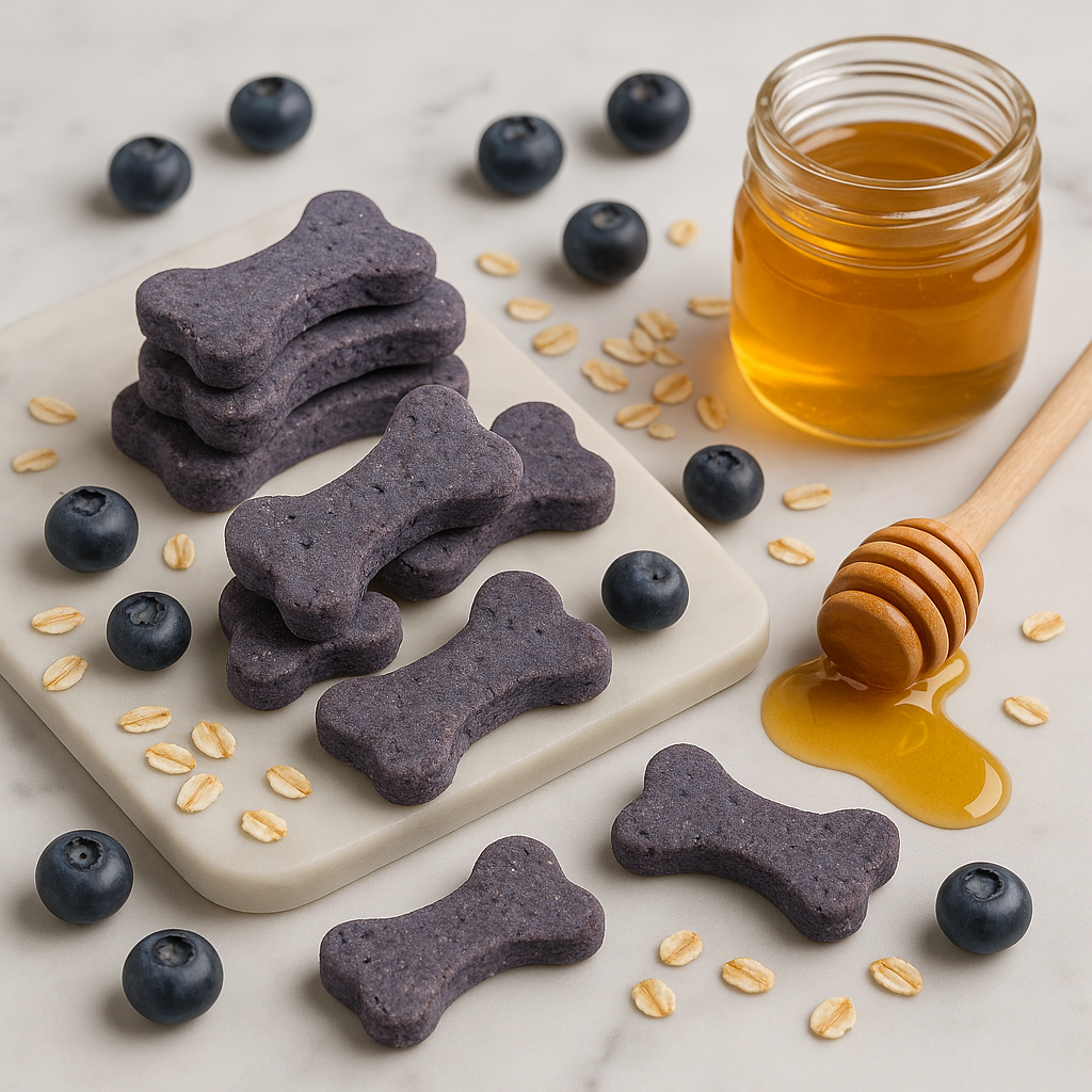 Blueberry + Oat Bones, handmade organic dog treats from The Chosen Spot K9 Kitchen with blueberries, oats, and honey on a marble surface