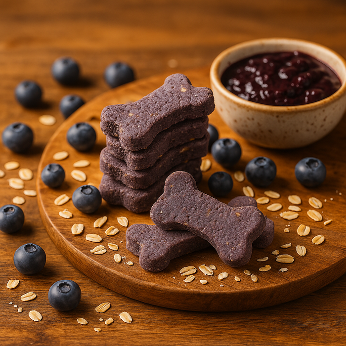 Stack of Blueberry + Oat Bones, handmade organic dog treats from The Chosen Spot K9 Kitchen on a wooden board surrounded with blueberries and oats.