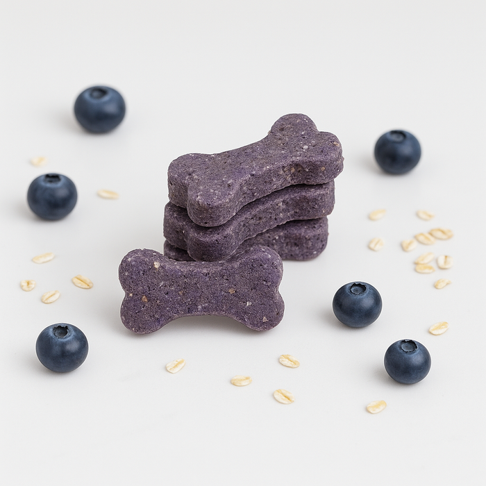 Stack of Blueberry + Oat Bones, handmade organic dog treats from The Chosen Spot K9 Kitchen surrounded with blueberries and oats.