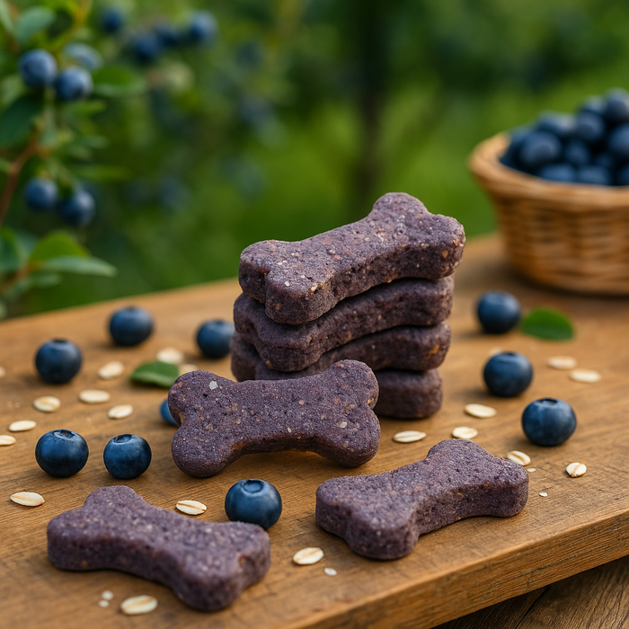 Stack of Blueberry + Oat Bones, handmade organic dog treats from The Chosen Spot K9 Kitchen surrounded with blueberries and oats in an ourdoor setting