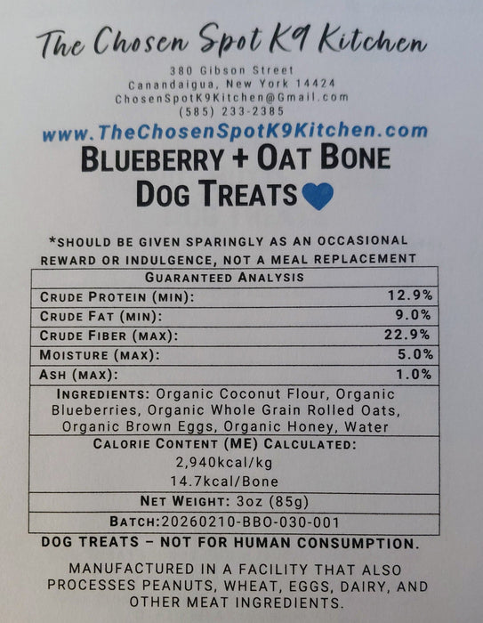 Dog treat Gruaranteed Analysis abel for 'Blueberry + Oat Bones' from The Chosen Spot K9 Kitchen with nutritional information and ingredients.