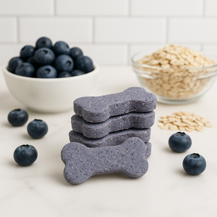 Blueberry + Oat Bone handmade organic dog treats from The Chosen Spot K9 Kitchen surrounded by organic blueberries and organic whole grain rolled oats.