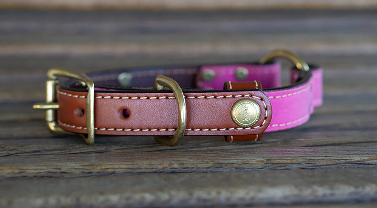 Upland & Downstream leather center ring collar with pink waxed cotton and brass hardware