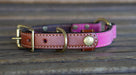 Upland & Downstream leather center ring collar with pink waxed cotton and brass hardware