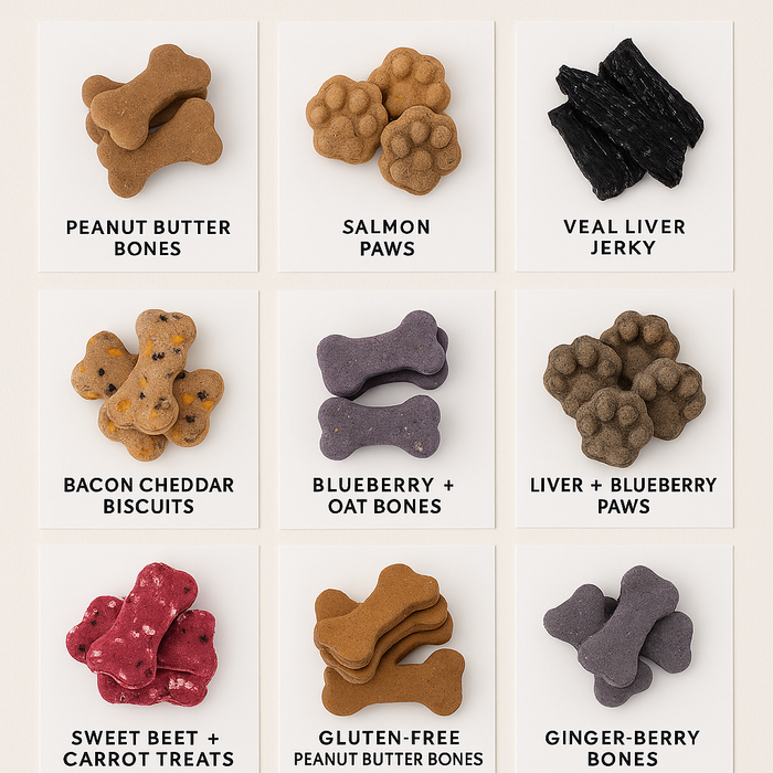 Assorted handmade organic dog treats in a 9x9 grid, listed as follows: Peanut Butter Bones, Salmon Paws, Veal Liver Jerky, Bacon Cheddar Biscuits, Blueberry + Oat Bones, Liver + Blueberry Paws, Sweet Beet + Carrot Treats, Gliten-Free Peanut Butter Bones and Ginger-Berry Bones.