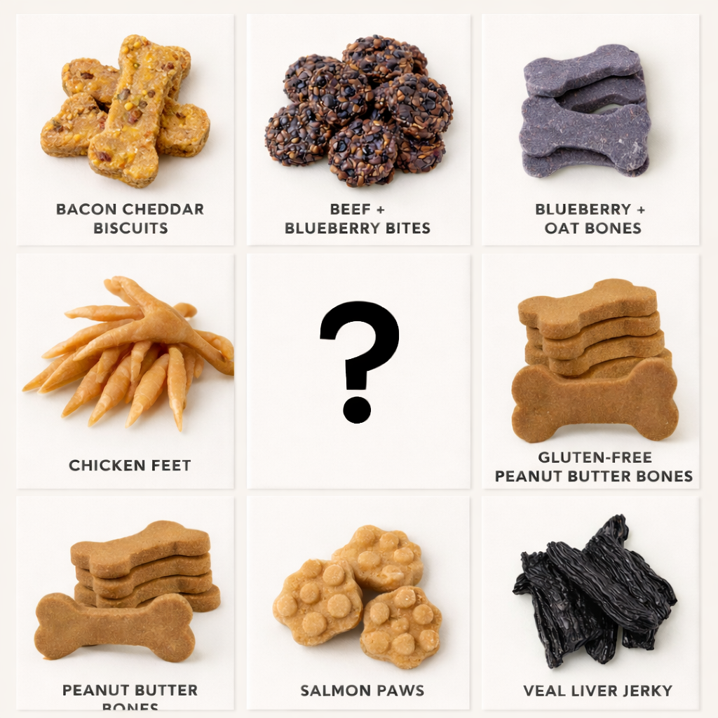 Assorted handmade organic dog treats in a 9x9 grid, listed as follows: Bacon Cheddar Biscuits, Beef + Blueberry Bites, Blueberry + Oat Bones, Chicken Feet, Gluten-Free Peanut Butter Bones, Peanut Butter Bones, Salmon Paws and Veal Liver Jerky, all from The Chosen Spot K9 Kitchen in Canandaigua, NY.