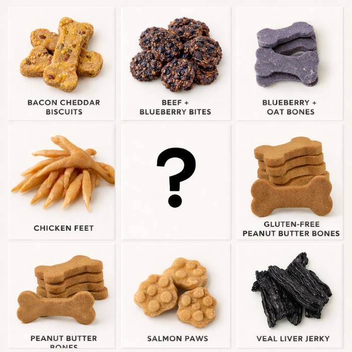 Assorted handmade organic dog treats in a 9x9 grid, listed as follows: Bacon Cheddar Biscuits, Beef + Blueberry Bites, Blueberry + Oat Bones, Chicken Feet, Gluten-Free Peanut Butter Bones, Peanut Butter Bones, Salmon Paws and Veal Liver Jerky, all from The Chosen Spot K9 Kitchen in Canandaigua, NY.