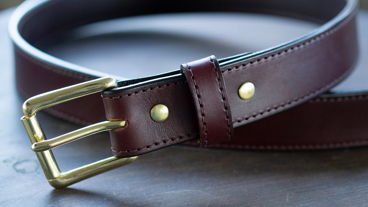 burgundy bridle leather belt with brass buckle