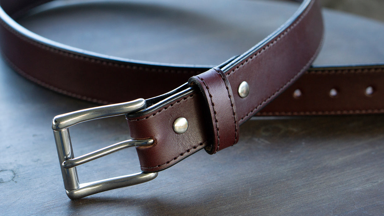 burgundy bridle leather belt with brass buckle