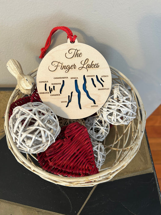 Wooden Christmas Ornament labeled 'The Finger Lakes'
