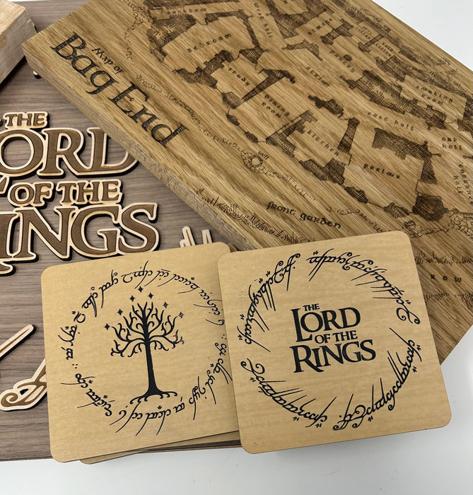 Laser engraved White Tree of Gondor wood coaster — Lord of the Rings gift