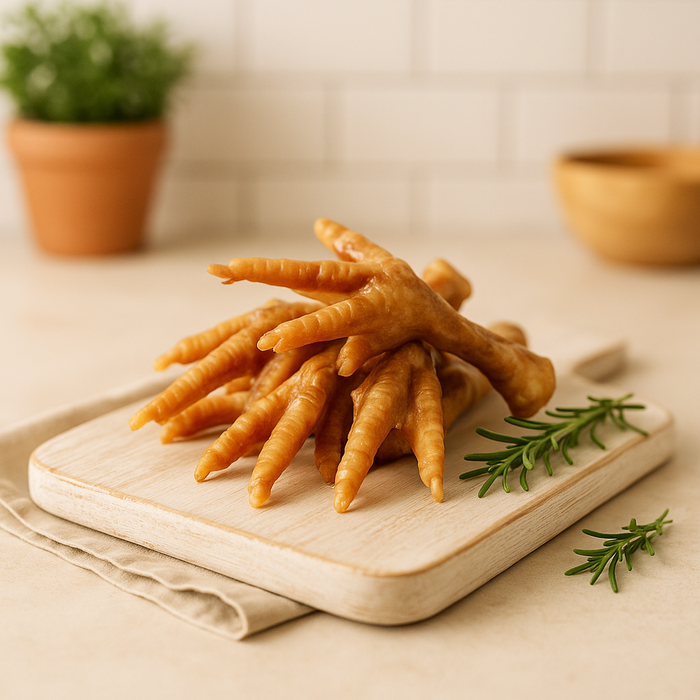 Dehydrated all-natural chicken feet handmade organic dog treats on a wooden cutting board, from The Chosen Spot K9 Kitchen in the Finger Lakes Region.