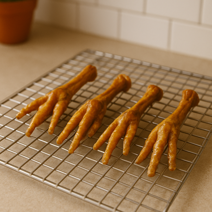 Alll-natural chicken feet handmade organic dog treats from Tje Chosen Spot K9 Kitchen on a metal cooling rack.