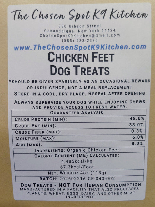 Dog treat Gruaranteed Analysis abel for 'Chicken Feet' from The Chosen Spot K9 Kitchen with nutritional information and ingredients.