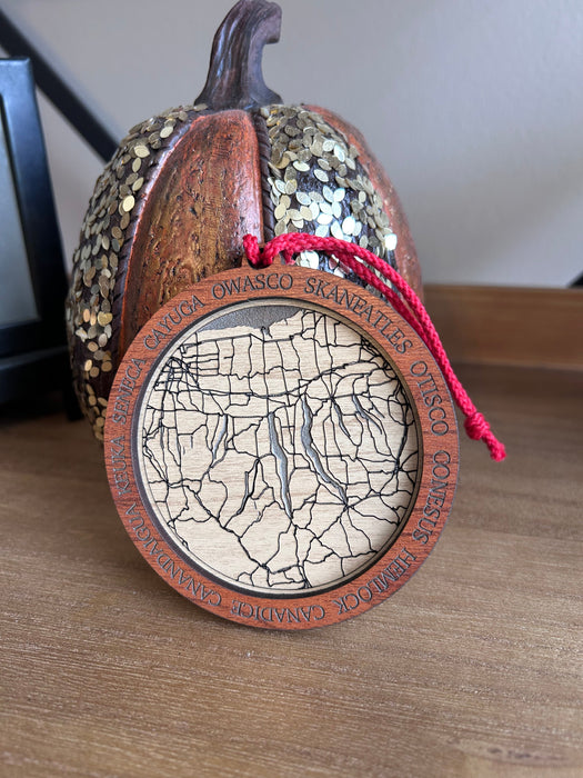 Finger Lakes Map Christmas Ornament - Laser Engraved Maple Wood