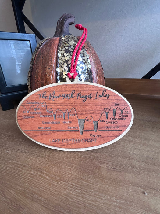Laser engraved Finger Lakes depth chart Christmas ornament