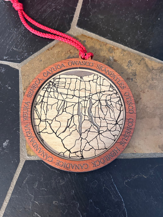 Finger Lakes Map Christmas Ornament - Laser Engraved Maple Wood