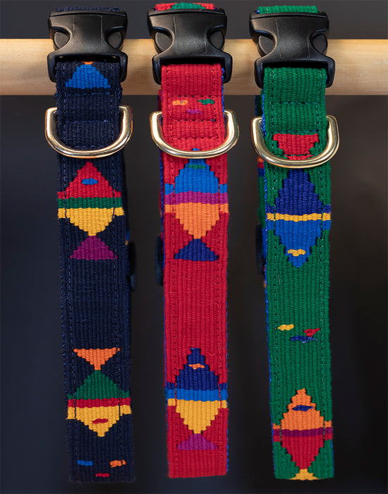 three dog collars hanging on a wooden bar