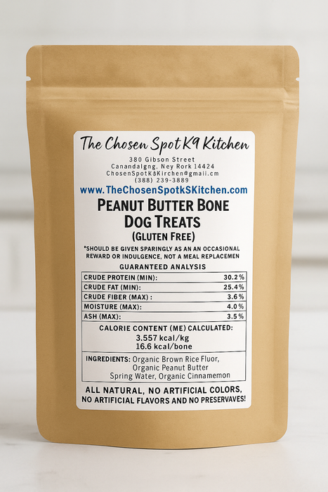 Gluten-Free Peanut Butter Bones. Handmade Organic Dog Treats - BACK Label containg: Guaranteed Analysis, Ingredients & Calorie Content (ME) Calculated.