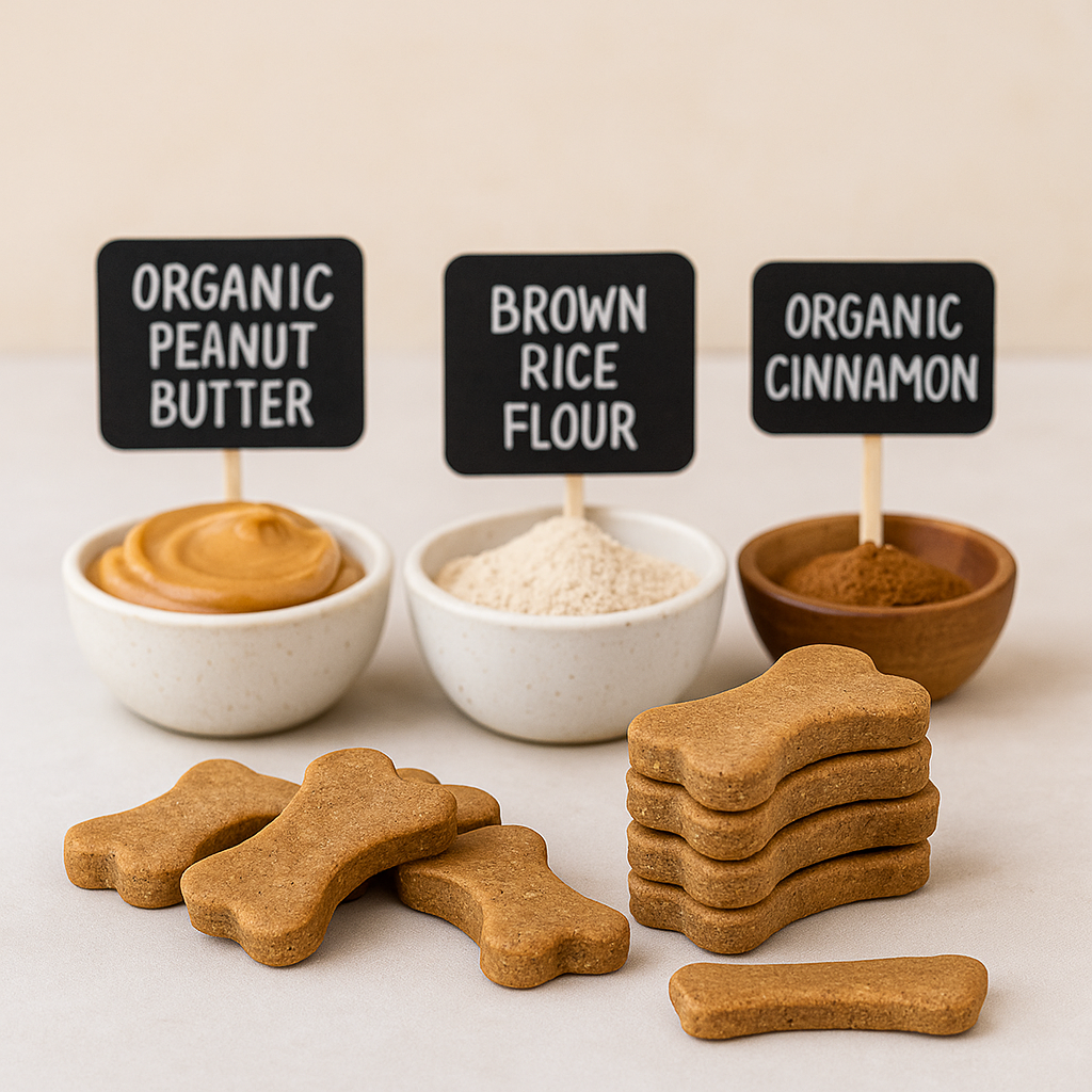 Gluten-Free Peanut Butter Bones, handmade organic dog treats from The Chosen Spot K9 Kitchen with ingredients including organic peanut butter, brown rice flour, and organic cinnamon on a light background.