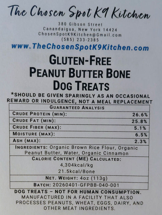 Dog treat Gruaranteed Analysis abel for 'Gluen-Free Peanut Butter Bones' from The Chosen Spot K9 Kitchen with nutritional information and ingredients.