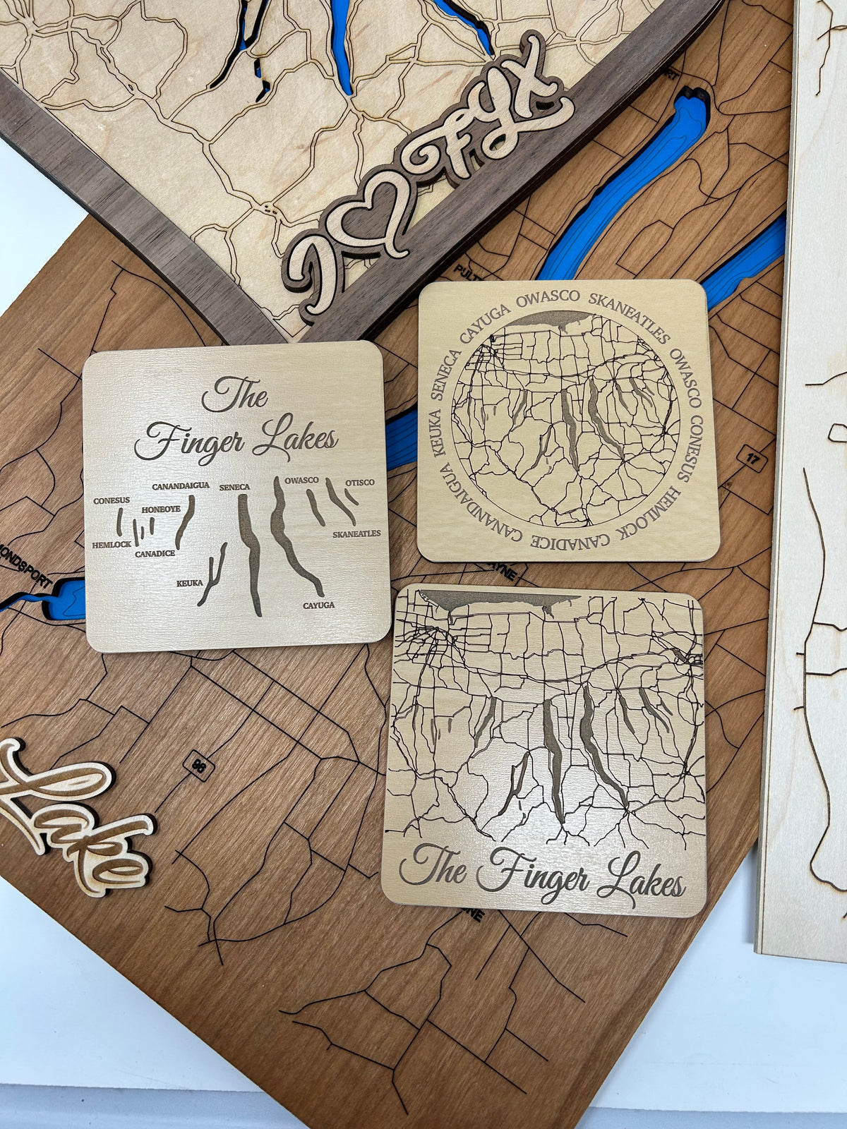 Wooden maps and coasters