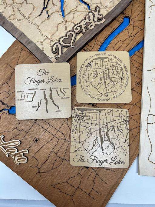 Wooden maps and coasters