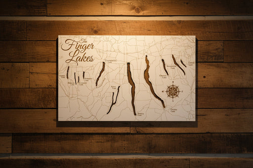 Map of the Finger Lakes hanging on a cabin wall