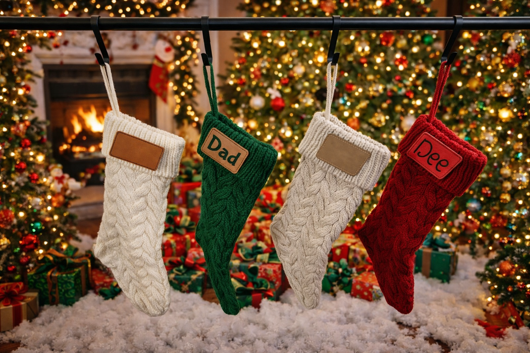 Personalized Knit Christmas Stocking with Leather Patch – Custom Name Holiday Stocking
