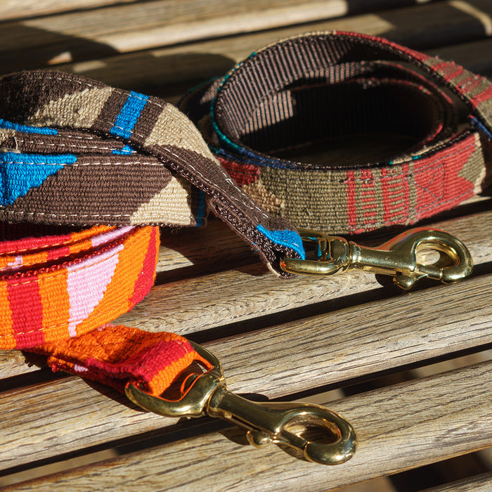 Hand-woven cotton dog leashes in Color Block and National Parks Collection patterns from a tail we could wag brand laying on a wooden bench