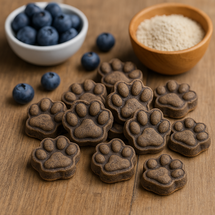 Liver + Blueberry Paws handmade organic dog treats from The Chosen Spot K9 Kitchen.