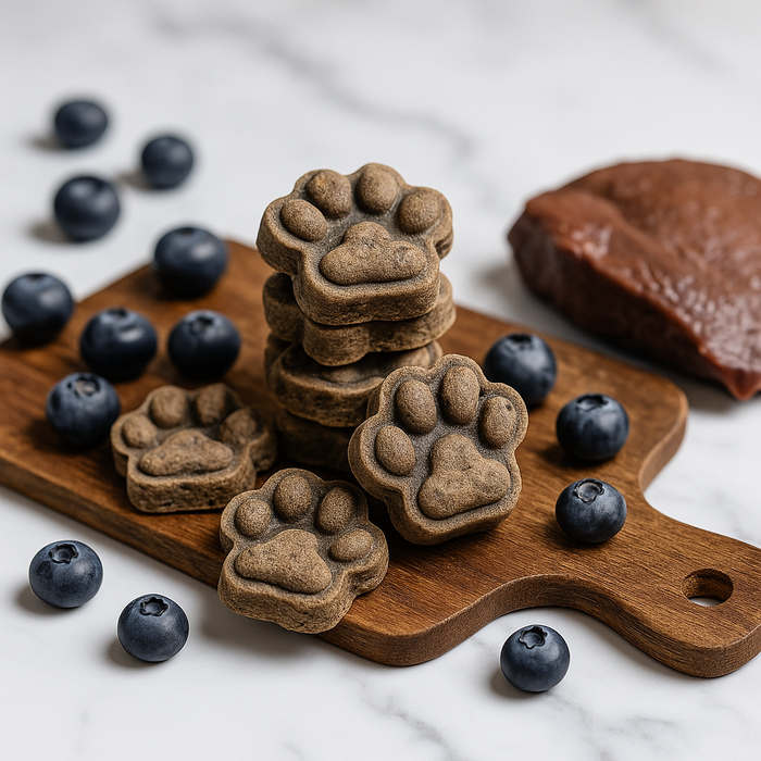 A pile of Liver + Blueberry Paws handmade organic dog treats from The Chosen Spot K9 Kitchen on a white background with blueberries and a piece of liver nearby.