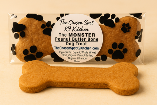 MONSTER Peanut Butter Bone from The Chosen Spot K9 Kitchen label on a beige background.