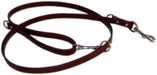brown leash with two snaps, dee rings and a handle