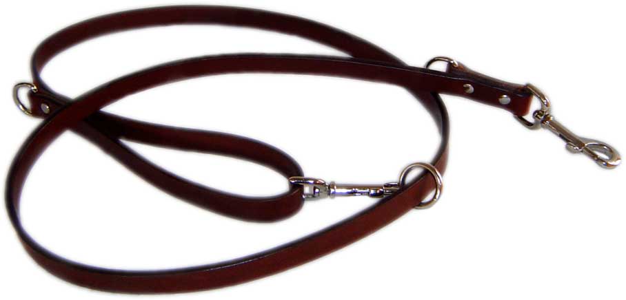 brown leash with two snaps, dee rings and a handle