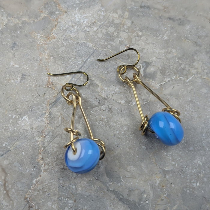 Gold Brass Earrings with Vibrant Blue Lamp Work Beads