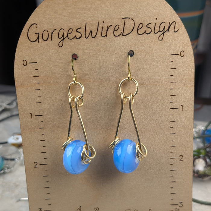 Gold Brass Earrings with Vibrant Blue Lamp Work Beads