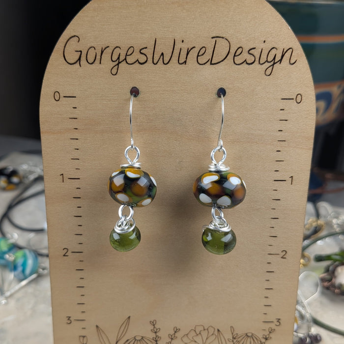 Green and Black Dotty Lampwork Earrings